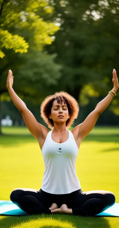 Person doing yoga on a mat in a lush green park.