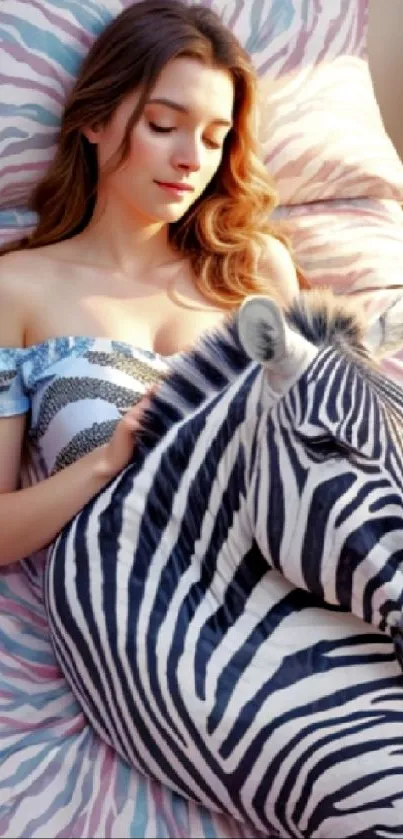 Woman cuddling zebra in pastel-themed bedding scene.