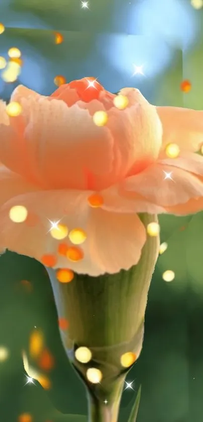 Peach flower glowing with sparkles against a blurred green background.