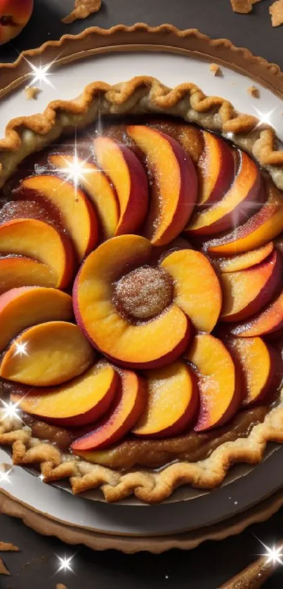 A beautifully arranged peach pie on a dark background, surrounded by fresh peaches.