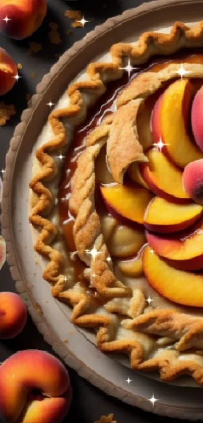 A beautifully arranged peach pie with vivid colors and intricate pastry design.