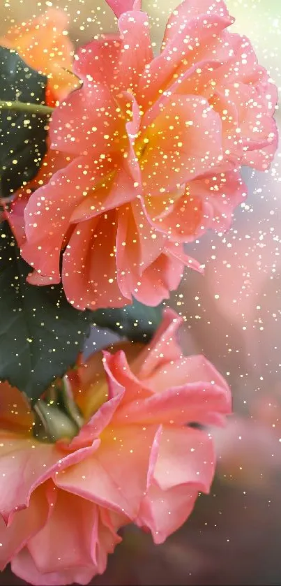 Mobile wallpaper with peach roses and a sparkle overlay effect.