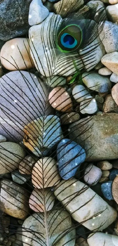 Peacock feather resting on smooth pebbles.