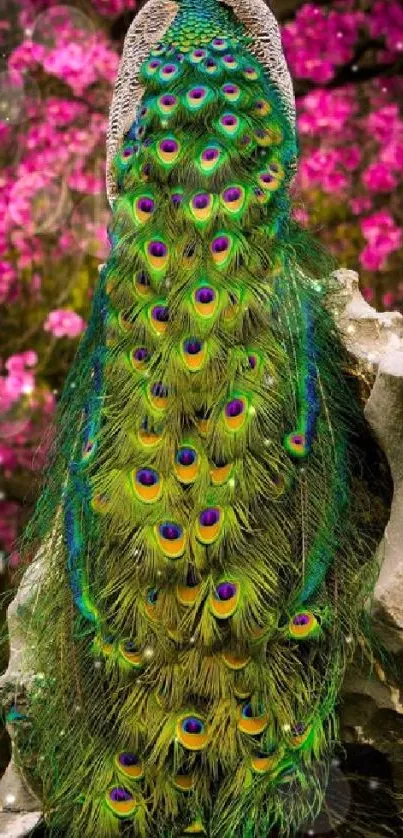 Vibrant green peacock with blooming pink flowers in background.