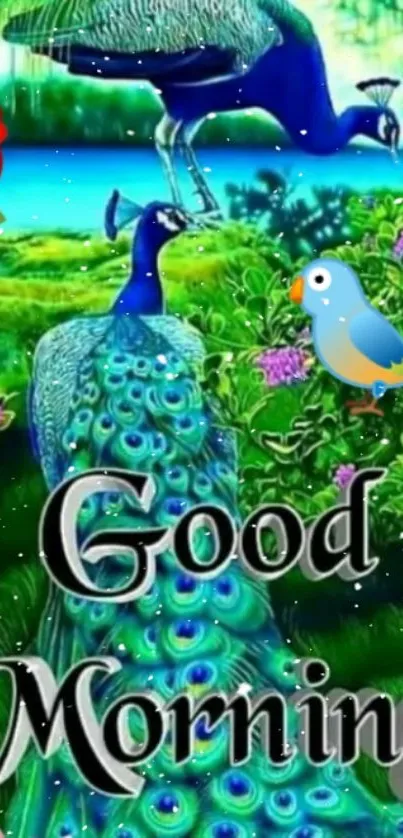 Vibrant peacock with green foliage and 'Good Morning' text.