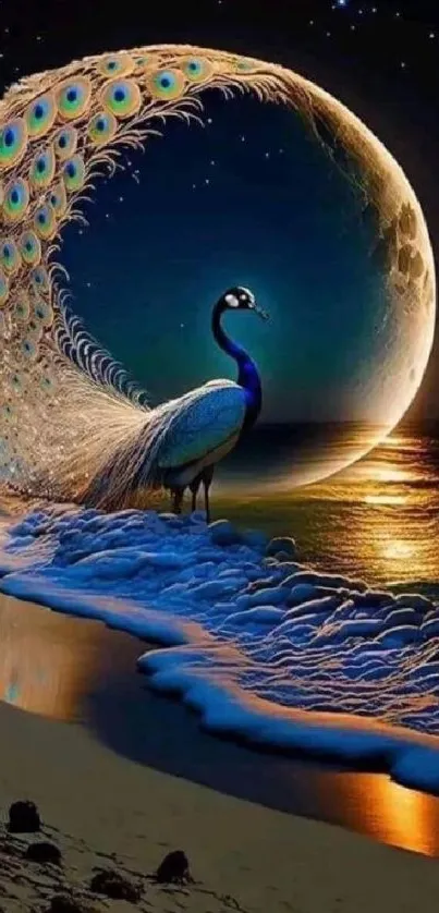 Majestic peacock by moonlit beach with dreamy ocean waves.