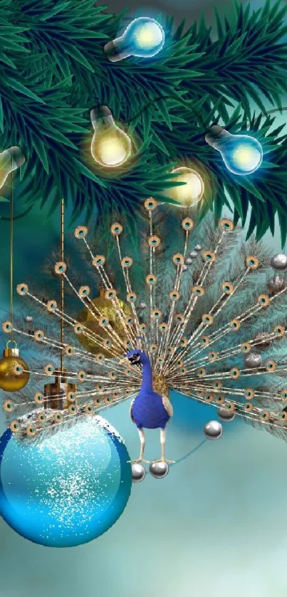 Peacock ornament with festive lights on a holiday tree branch wallpaper.