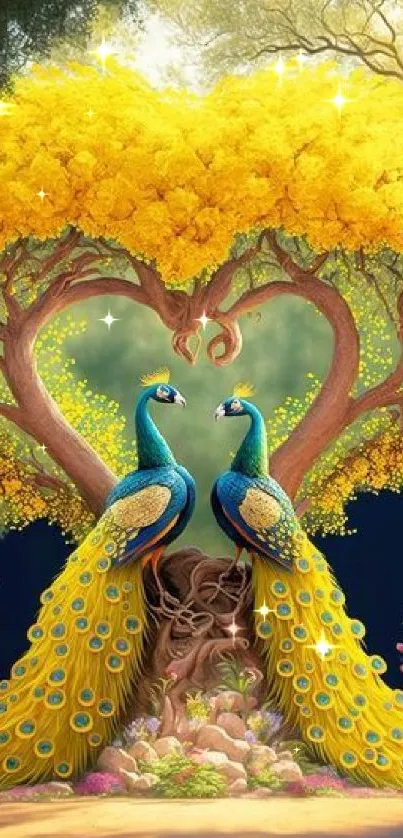 Two peacocks by a heart-shaped tree under bright yellow canopy.