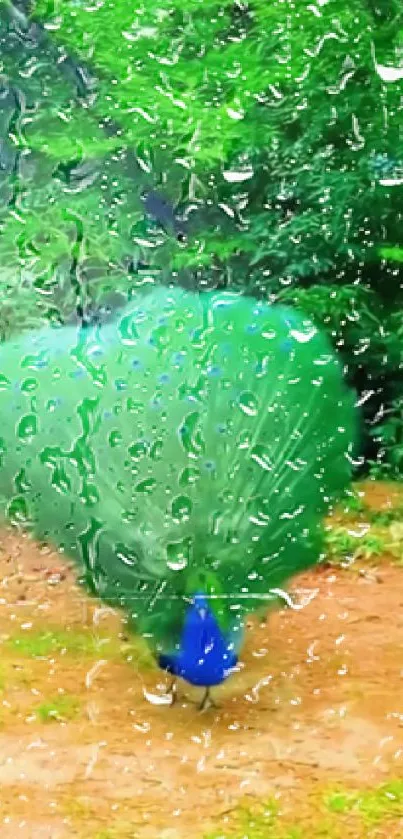 Wallpaper of peacock behind a rainy window with vibrant green colors.