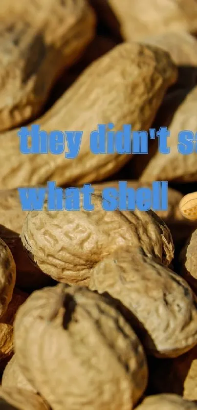 Peanut shells with humorous text overlay in a playful wallpaper design.