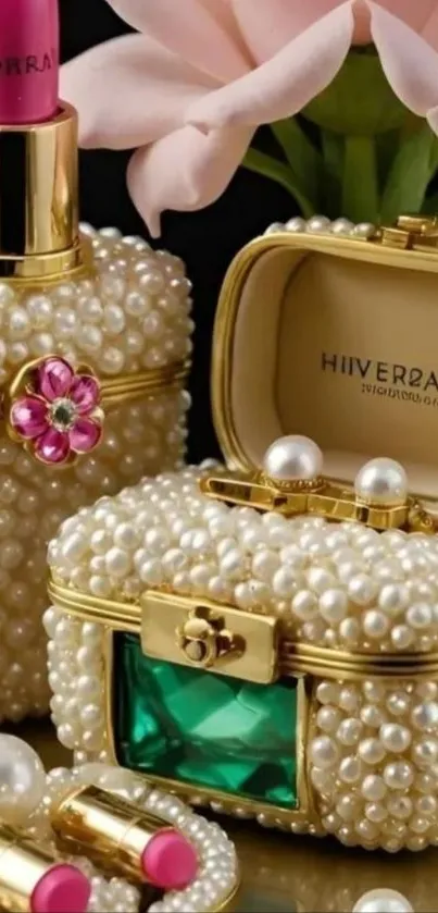 Luxurious wallpaper with pearl-decorated gold cases and pink lipstick.