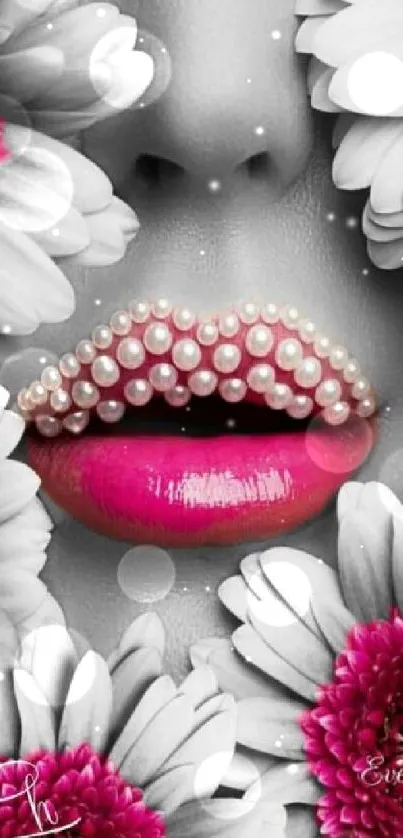 Pink and pearl lips surrounded by flowers mobile wallpaper.