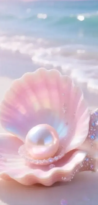 Pink shell with pearl on serene beach.