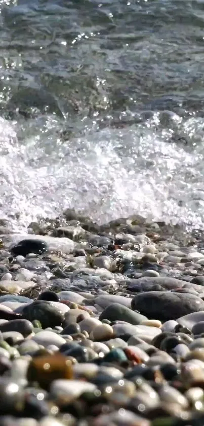 Pebble beach with waves gently crashing.