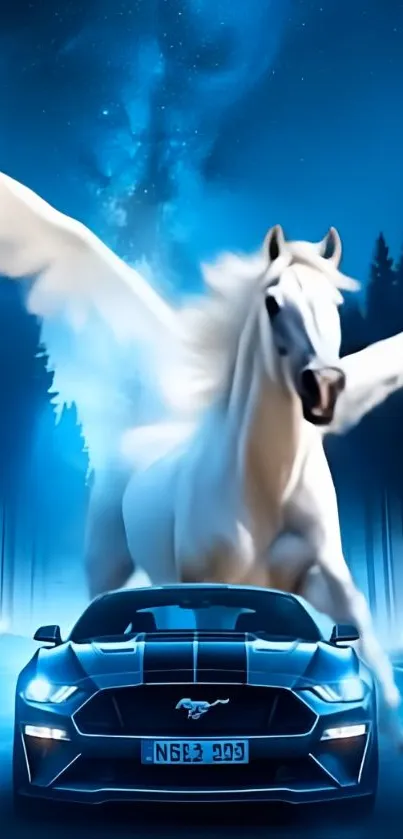 A white Pegasus flying over a Mustang in a mystical night setting.