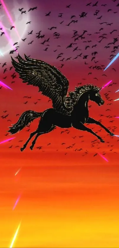 Pegasus flying in sunset sky with moon.