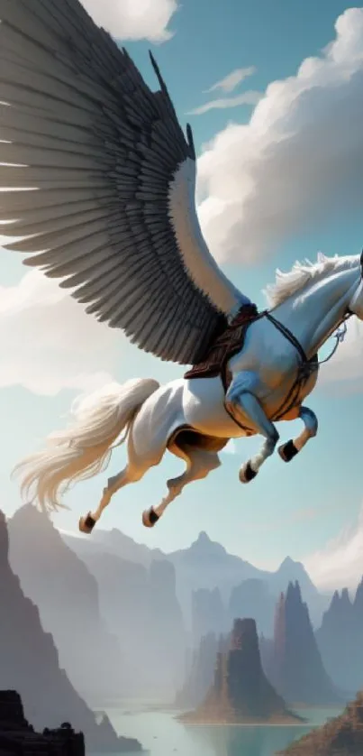 Pegasus flying over a canyon landscape under a blue sky.