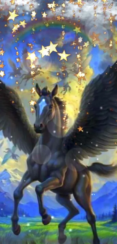 Pegasus in a starry, mystical landscape with a mountain backdrop.