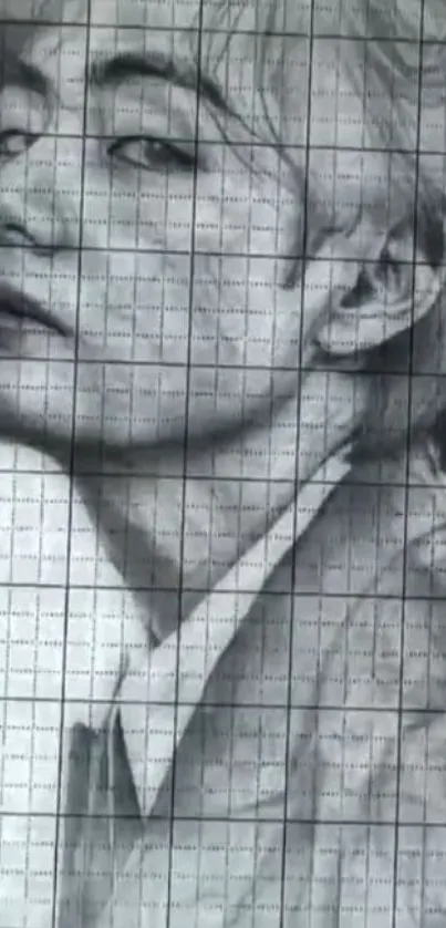 Intricate pencil sketch of a person on grid paper.