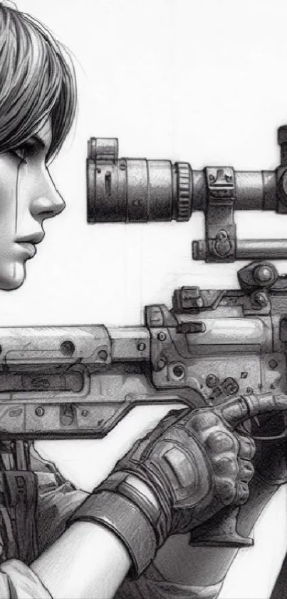 Pencil sketch of a sniper holding a rifle in grayscale tones.