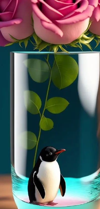 Penguin in glass vase beneath roses on a teal background.