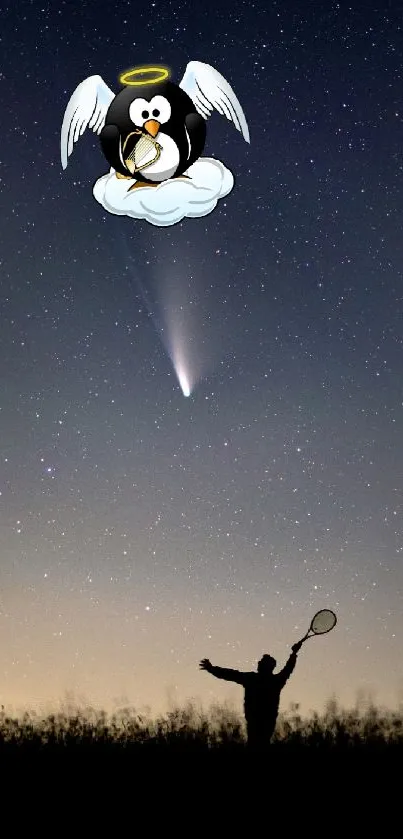 Penguin with angel wings floats in a starry night sky.