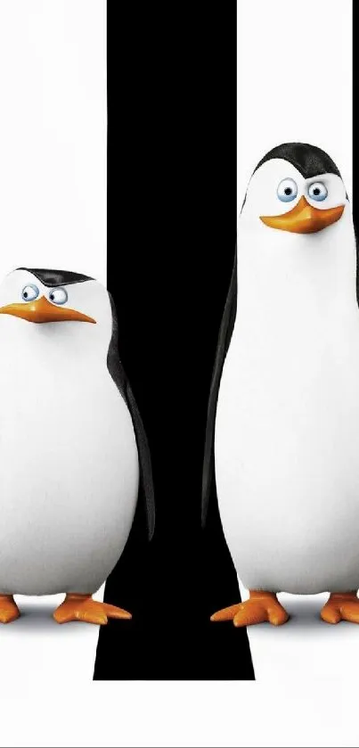 Two penguins on black and white stripes wallpaper.