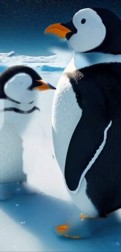 3D penguin family on icy terrain with blue sky.