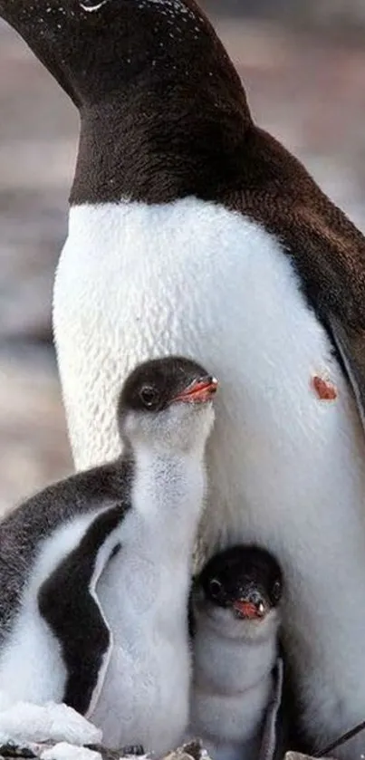 Penguin family with chicks in snow scene wallpaper.