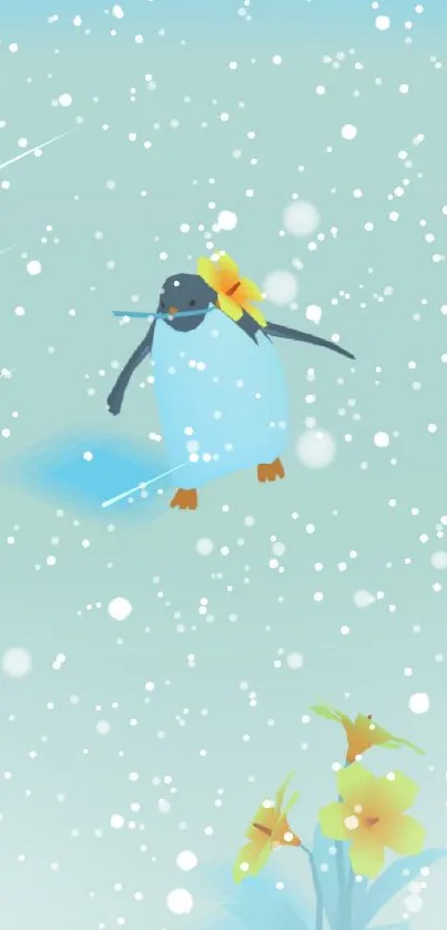 Cute penguin with flower in light blue setting.