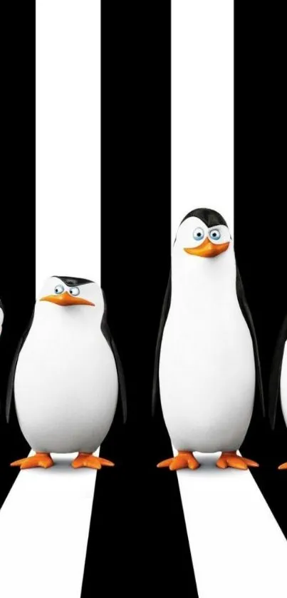 Animated penguins on striped background wallpaper.