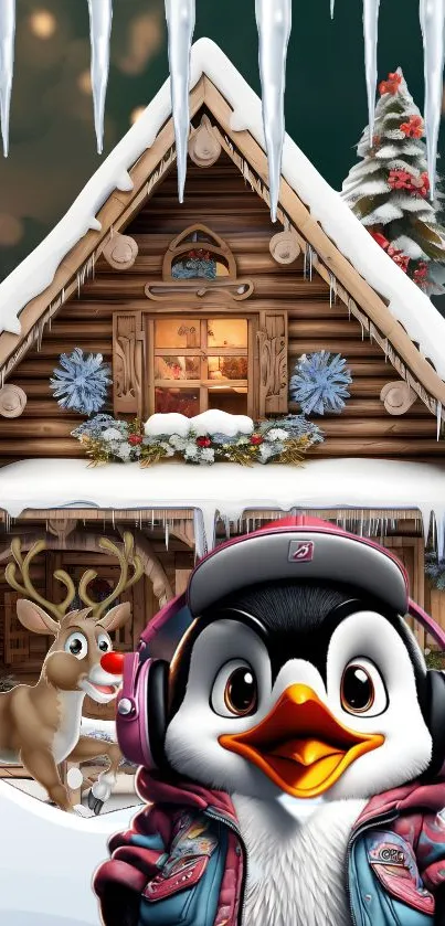 Cozy cottage with penguin and reindeer in snow.