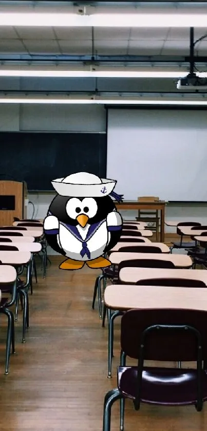 Cartoon penguin in an empty classroom with desks and a chalkboard.