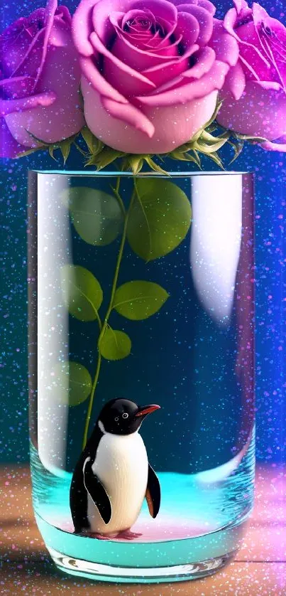 Penguin in glass vase with purple roses and sparkling effects.