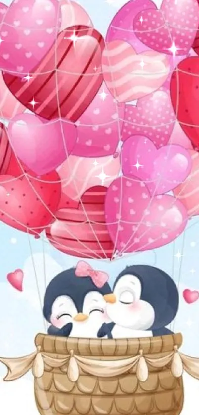 Penguins in a basket with heart balloons flying in a whimsical sky.