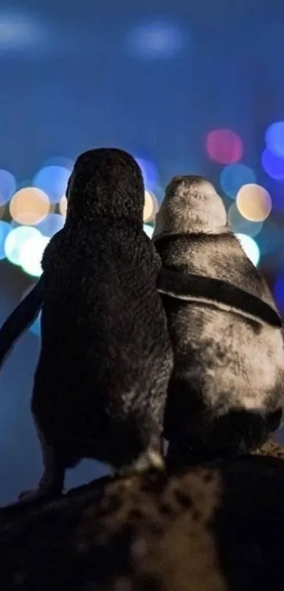 Two penguins enjoying colorful city lights.