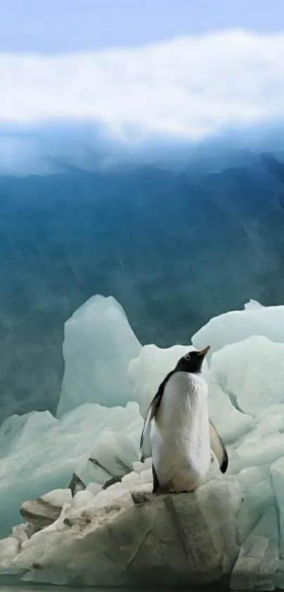 Penguin standing on icy Antarctic landscape.