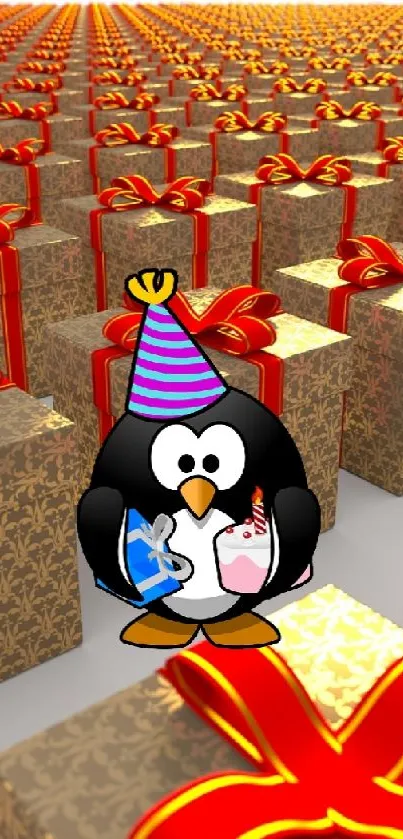 Cute penguin surrounded by red ribbon gift boxes in a festive scene.