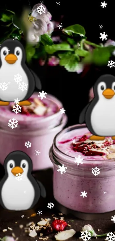 Cute penguin emojis with smoothies and snowflakes on a vibrant mobile wallpaper.