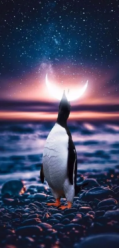 Penguin gazing at crescent moon under a starry sky by the ocean, stunning mobile wallpaper.