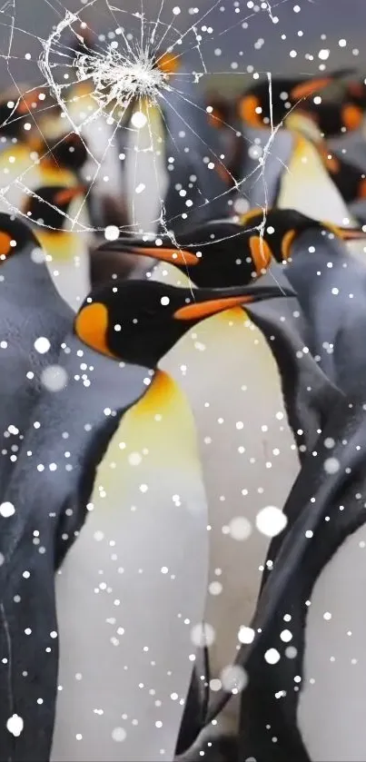 Penguins in snow with frosty background