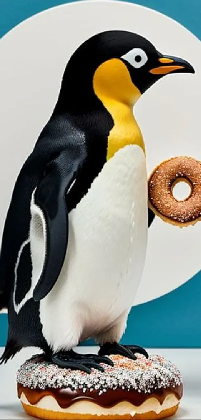 Cartoon penguin with donut on a dessert plate.