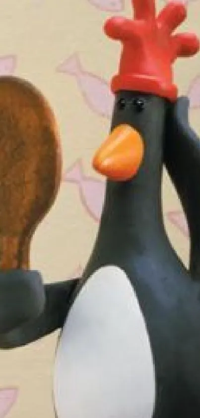 Quirky penguin holding a spoon wallpaper for mobile.