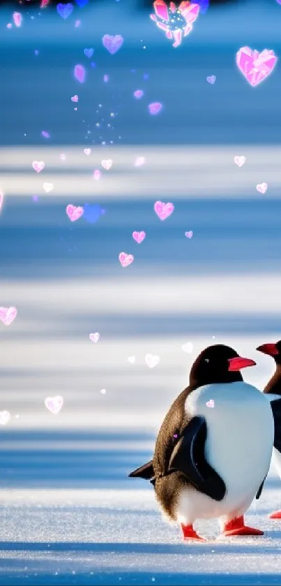 Two penguins with hearts in a snowy, blue background.