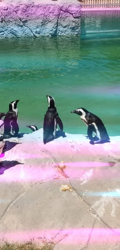 Penguins gathered by a blue-green water's edge, basking under a clear sky.