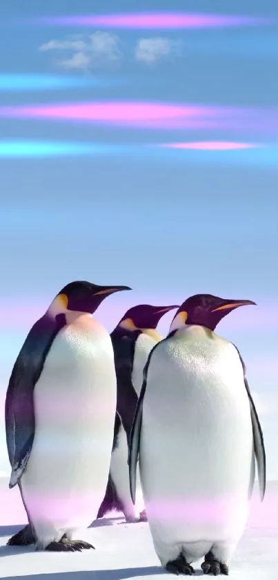 Three penguins on snow under a blue sky.