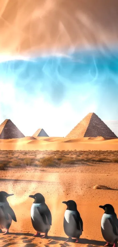 Penguins walking in a desert with pyramids and blue sky.