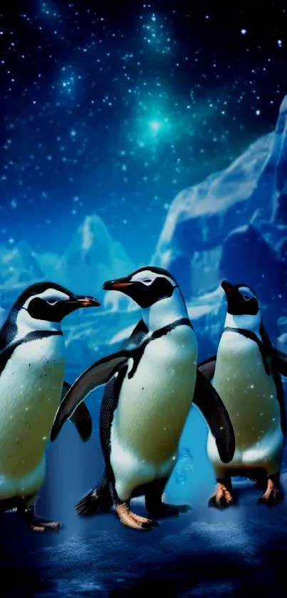 Three penguins in a starry icy landscape at night.