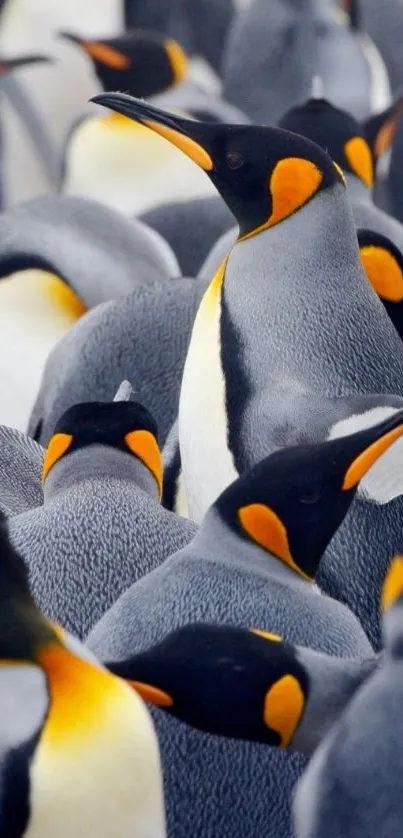 Flock of emperor penguins huddled together.