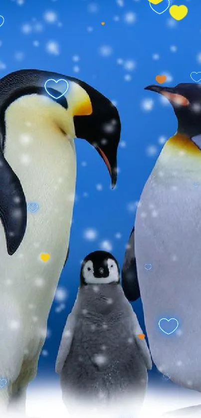 Group of penguins in a snowy scene with blue background.